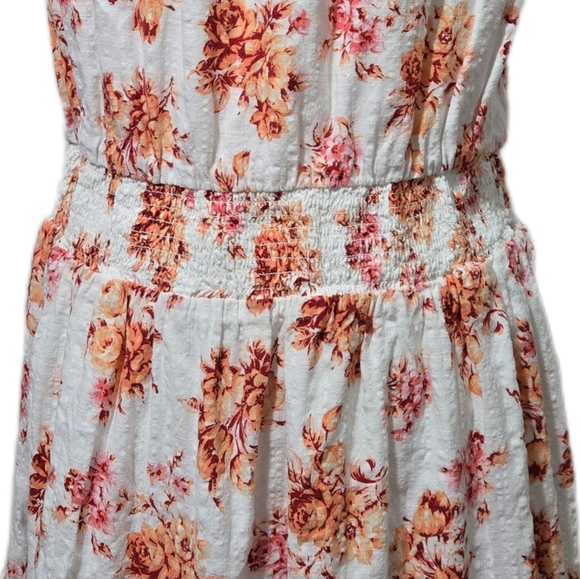 LOFT Floral Smocked Waist Tiered Dress Size Large White Orange Ruffle Cap Sleeve - Picture 8 of 14